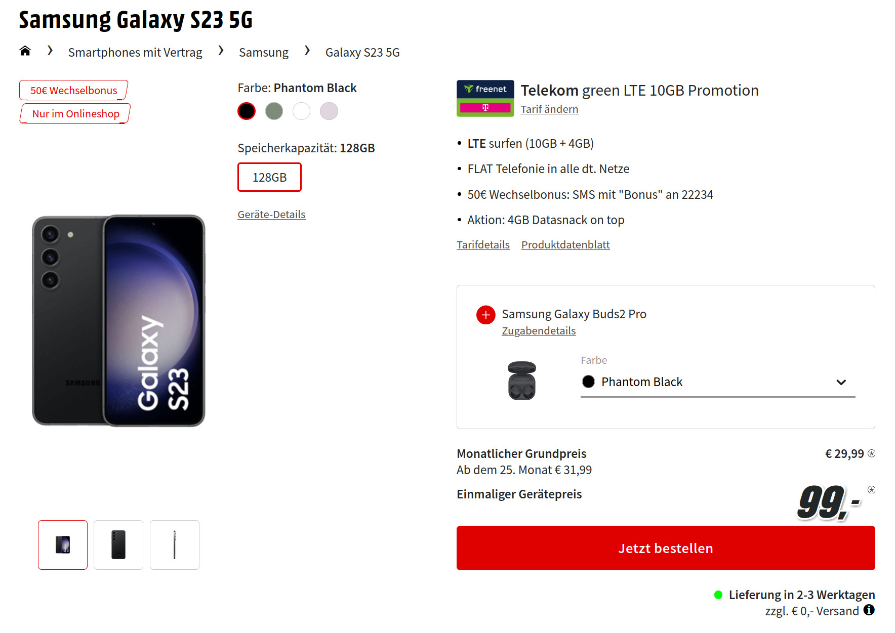 Preiskracher Galaxy S23 5G: Gratis Galaxy Buds2, 50 Euro Wechselbonus mit 14 GB Telekom Allnet-Flat für 29,99 Euro/Eff. -2,97 Euro