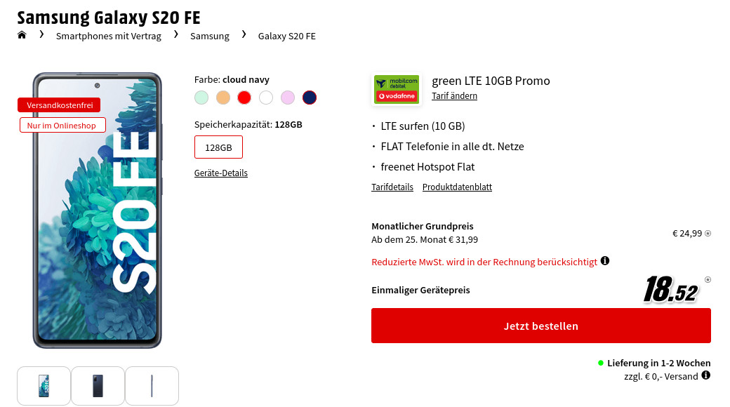 Spartipp Galaxy S20 Tarife: 10 GB LTE Allnet-Flat im D-Netz fr mtl. 24,99 Euro/Eff. 0,76 Euro