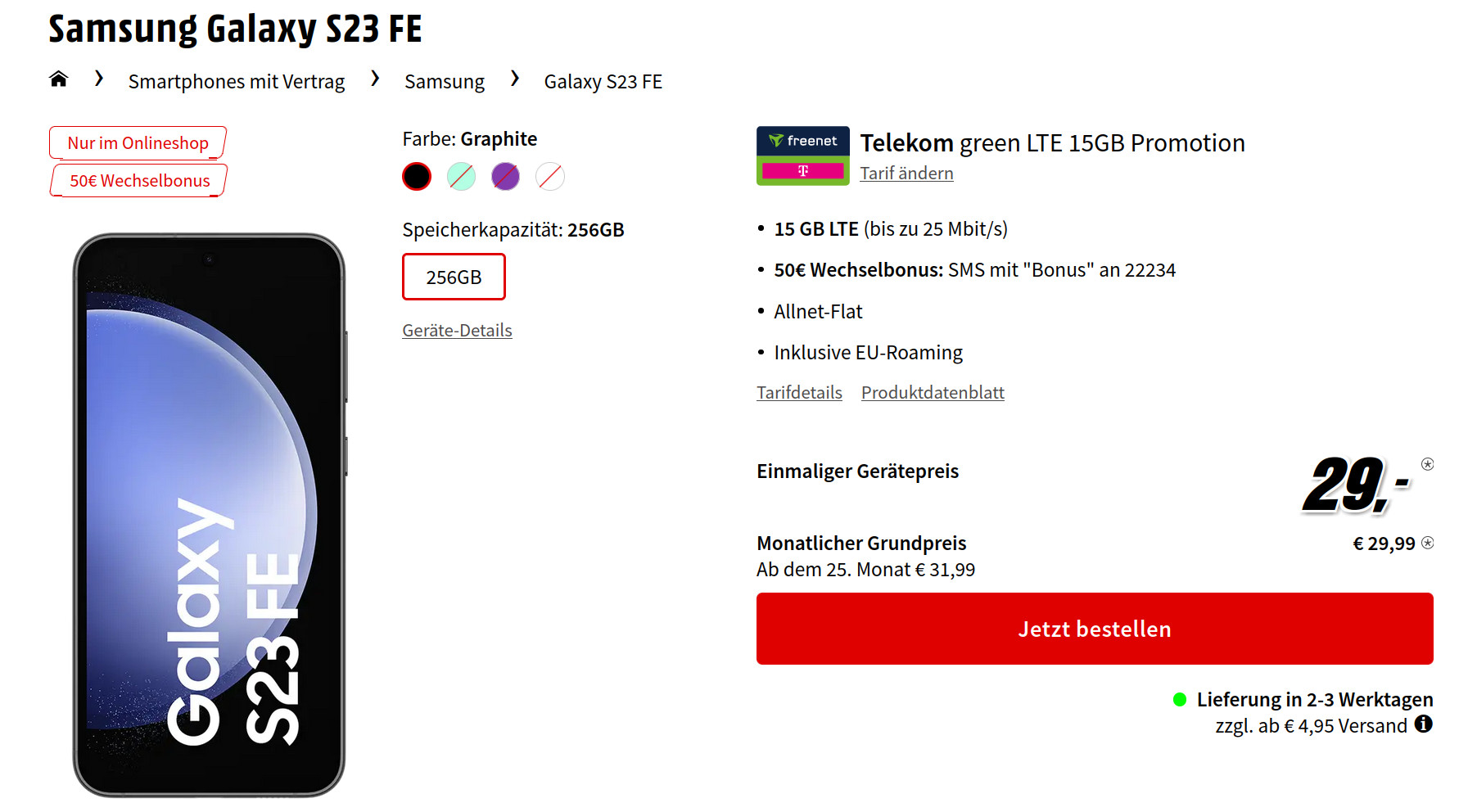 Galaxy S23 FE Tarife: 15 GB Telekom Allnet-Flat fr 29,99 Euro/Eff. 9,53 Euro