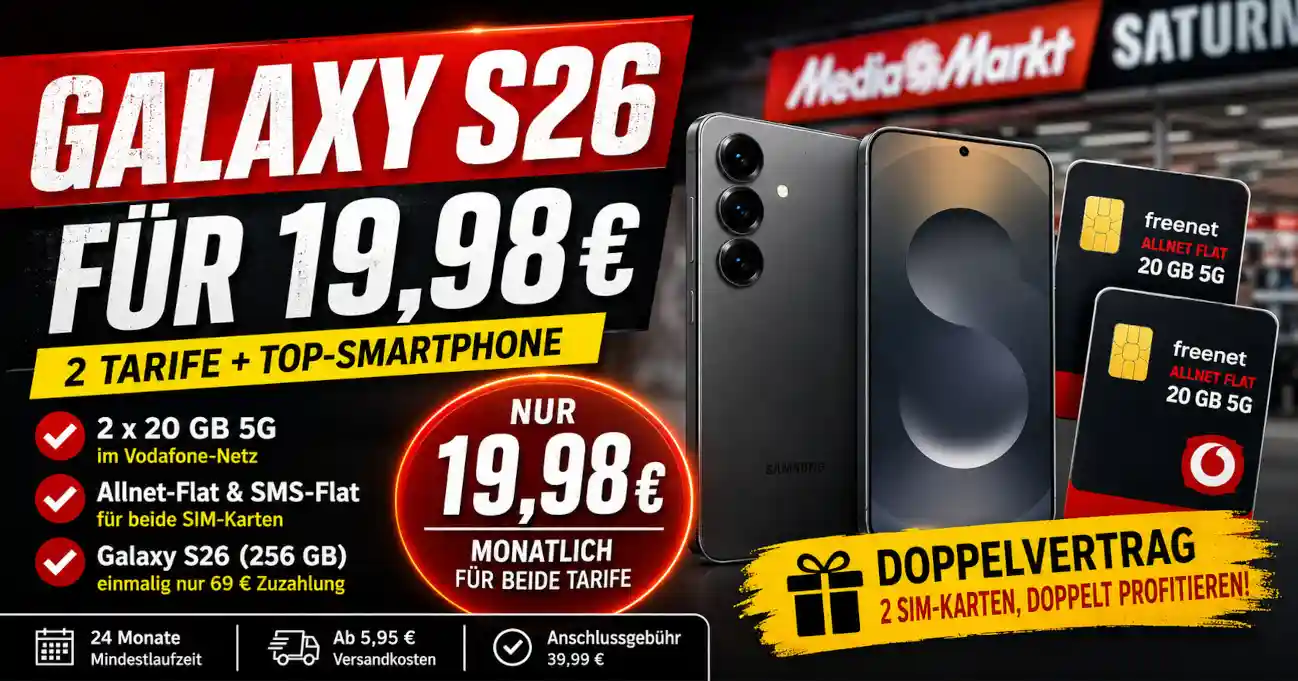 Galaxy S26 mit 2x 20 GB 5G f�r 19,98 Euro: Was der MediaMarkt-Doppelvertrag wirklich kostet und warum der Deal auff�llt