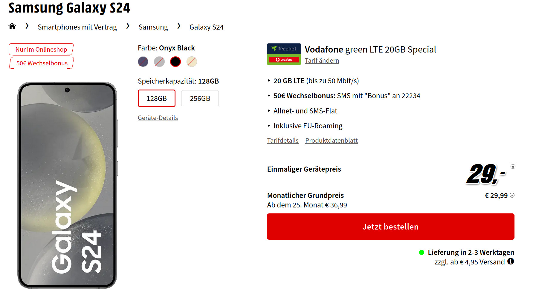 Preiskracher Galaxy S24 Tarife: 20 GB Vodafone Allnet-Flat fr 29,99 Euro und 50 Euro Bonus