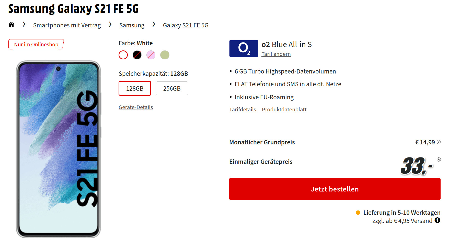 Preistipp Galaxy S21 Tarife: Galaxy S21 FE 5G mit gratis Smartwatch mit 12 GB O2 Allnet-Flat für 19,99 Euro/Eff. -2,47 Euro