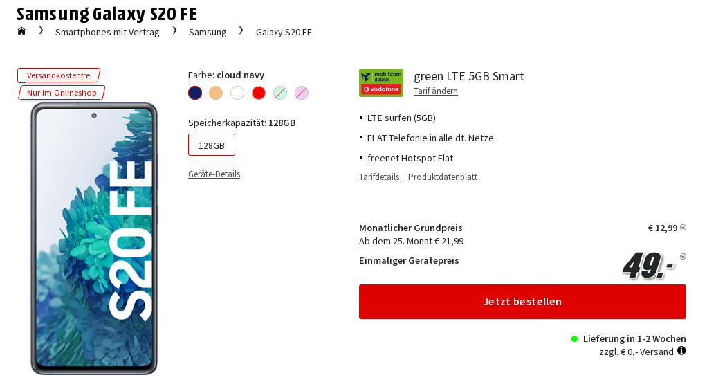 Preisknaller Galaxy S20 Tarife: 5 GB LTE Allnet-Flat im Vodafone-Netz für mtl. 12,99 Euro/Eff. 0,03 Euro