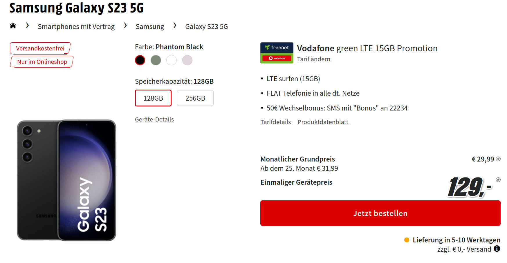 Galaxy S23 Tarife: 15 GB Allnet-Flat Tarif im Vodafone Netz für 29,99 Euro und 50 Euro Wechselbonus