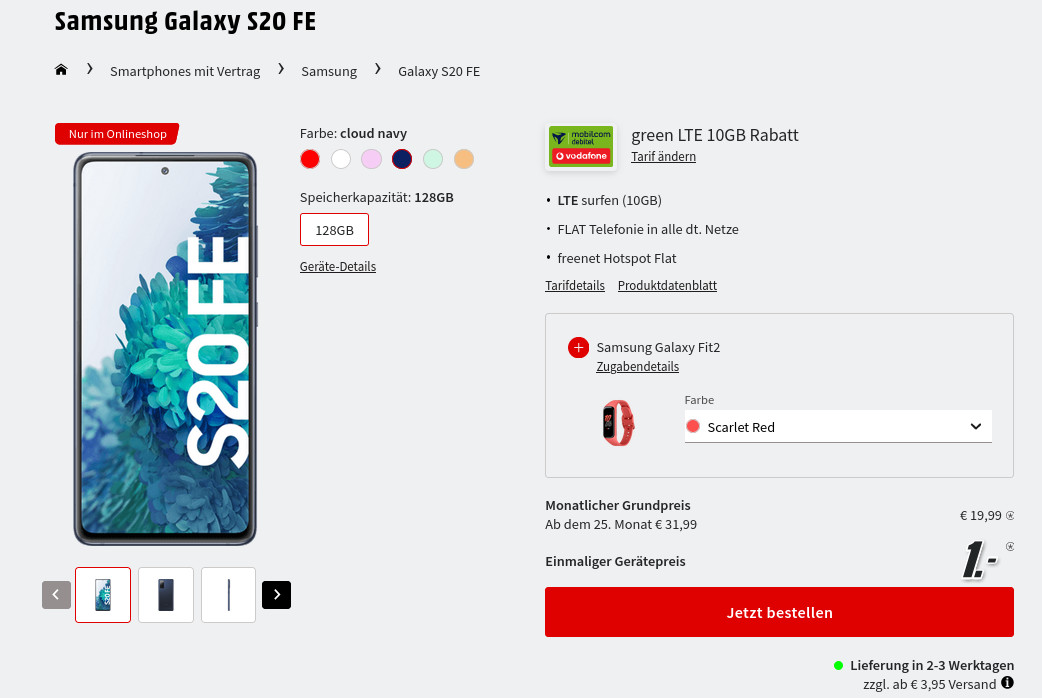 Preisknaller Galaxy S20 Tarife: 10 GB LTE Allnet-Flat im Vodafone-Netz fr mtl. 19,99 Euro/Eff. -3,30 Euro