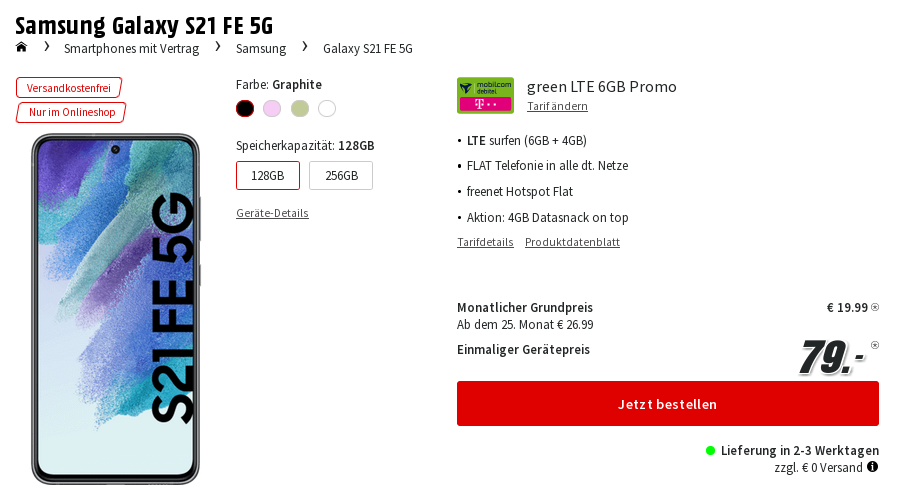 Galaxy S21 FE 128GB Tarifhammer: 10 GB Telekom Allnet-Flat plus gratis Galaxy Buds 2 f�r 19,99 Euro/Eff. -3,14 Euro