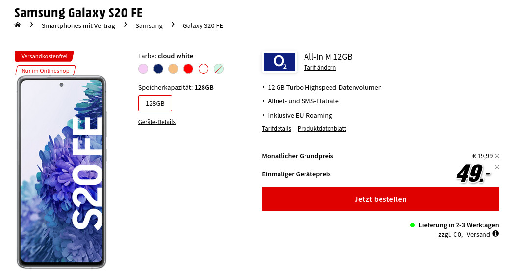 Spartipp Galaxy S20 Tarife: 12 GB O2 LTE Allnet-Flat für mtl. 19,99 Euro/Eff. -0,05 Euro