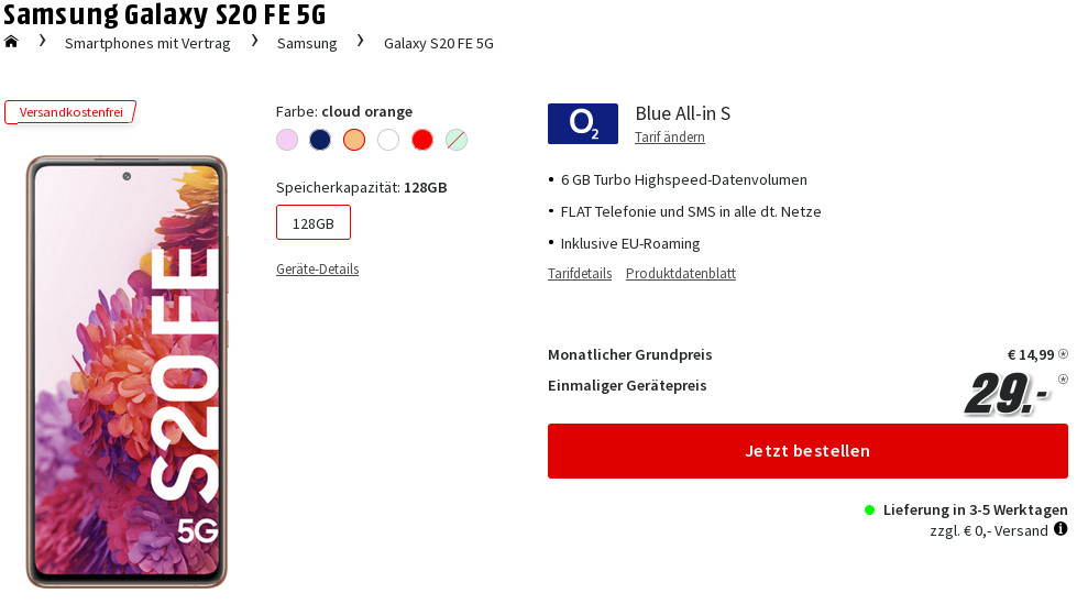 Tariftipp Galaxy S20 Tarife: 6 GB LTE Allnet-Flat im O2 Netz für mtl. 14,99 Euro/Eff. -2,97 Euro
