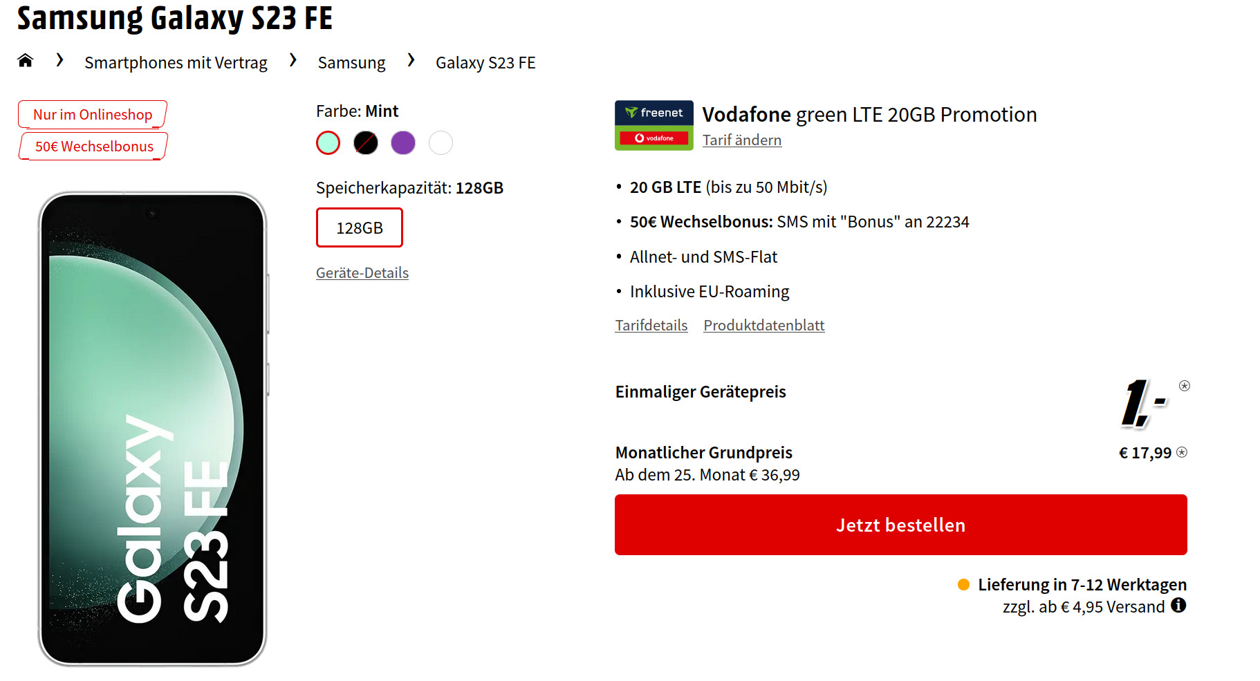Preiskracher Galaxy S23: 20 GB Vodafone Allnet-Flat fr 17,99 Euro/Eff. -3,22 Euro