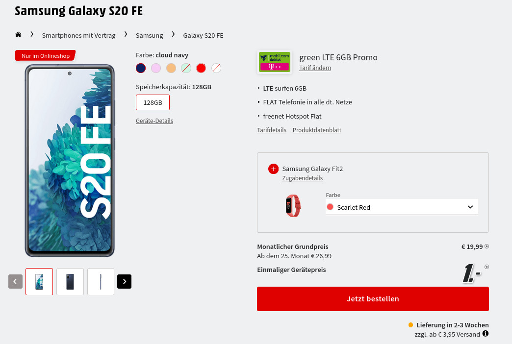 Preisknaller Galaxy S20 Tarife: 6 GB LTE Allnet-Flat im Vodafone-Netz fr mtl. 19,99 Euro/Eff. -0,38 Euro