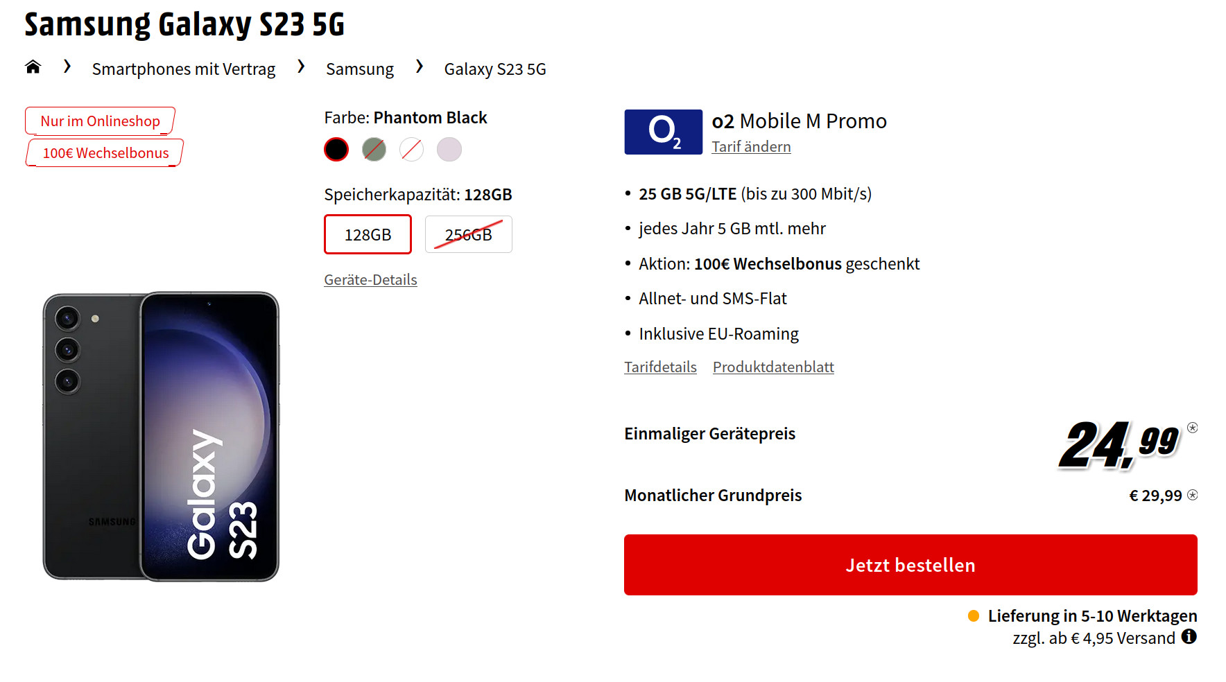 Preiskracher Galaxy S23 5G Handytarife: 100 Euro Wechselbonus mit 25 GB O2 5G Allnet-Flat für 29,99 Euro/Eff. -1,47 Euro