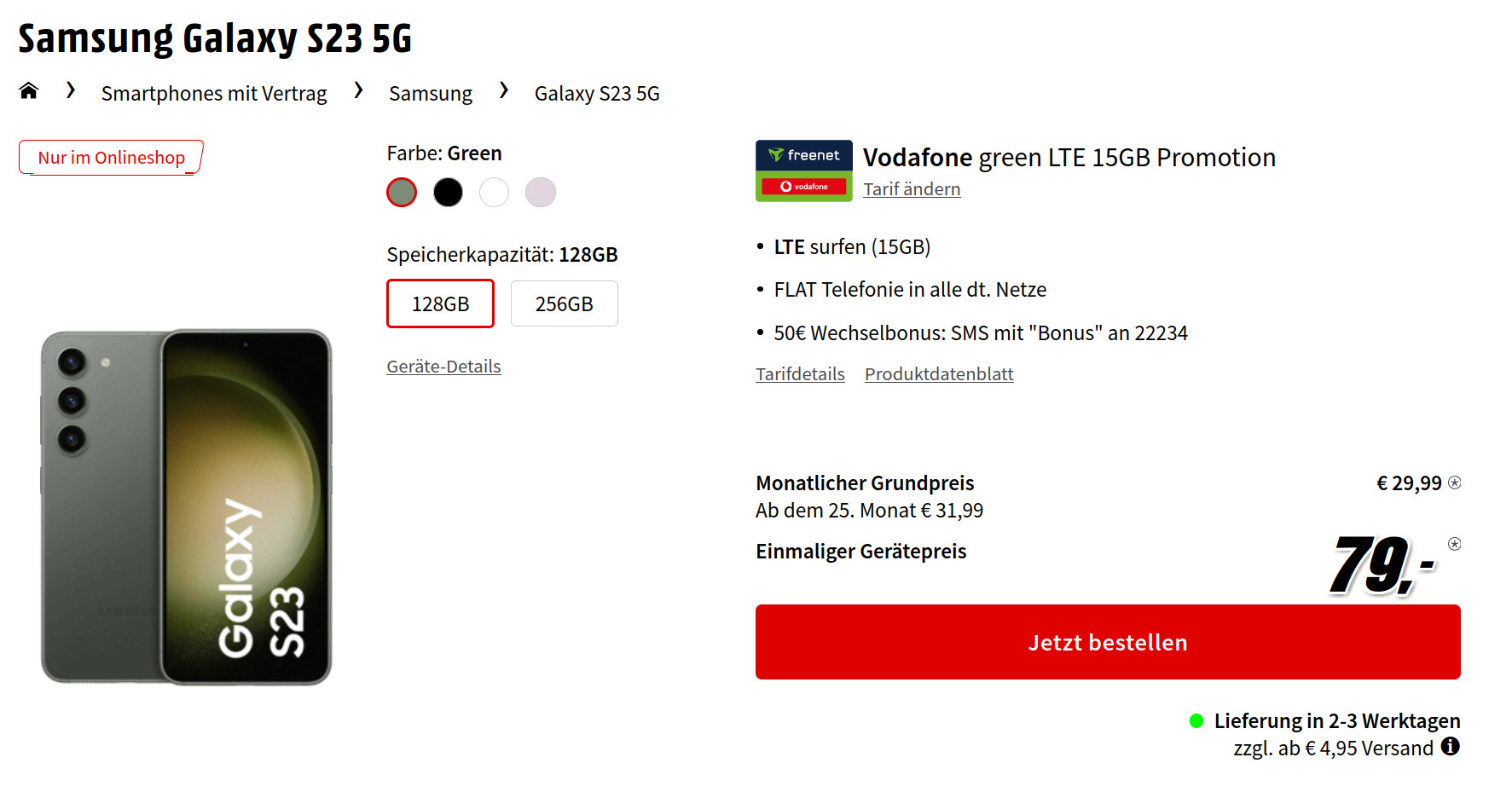 Preiskracher Galaxy S23 5G: 50 Euro Wechselbonus mit 15 GB Vodafone Allnet-Flat für 29,99 Euro/Eff. 3,69 Euro