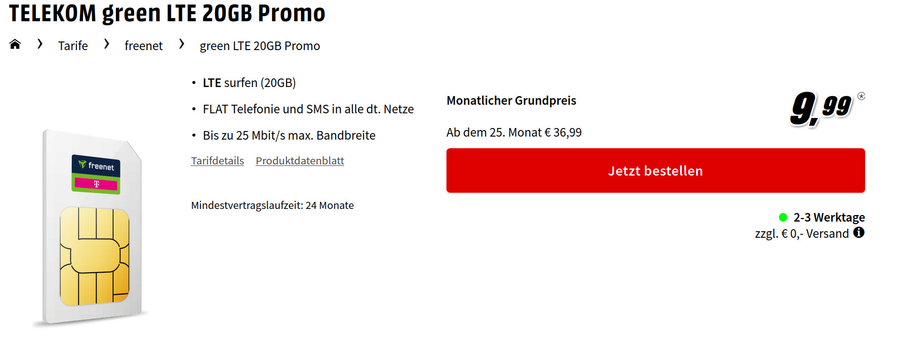 Preiskracher Telekom Netz Tarife: 20 GB LTE Allnet-Flat im Telekom-Netz für mtl. 9,99 Euro