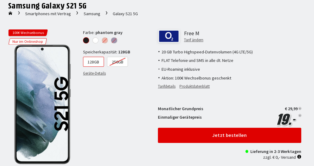 Preisknaller Galaxy S21 Tarife: 20 GB LTE Allnet-Flat im O2-Netz fr mtl. 29,99 Euro/Eff. -2,89 Euro