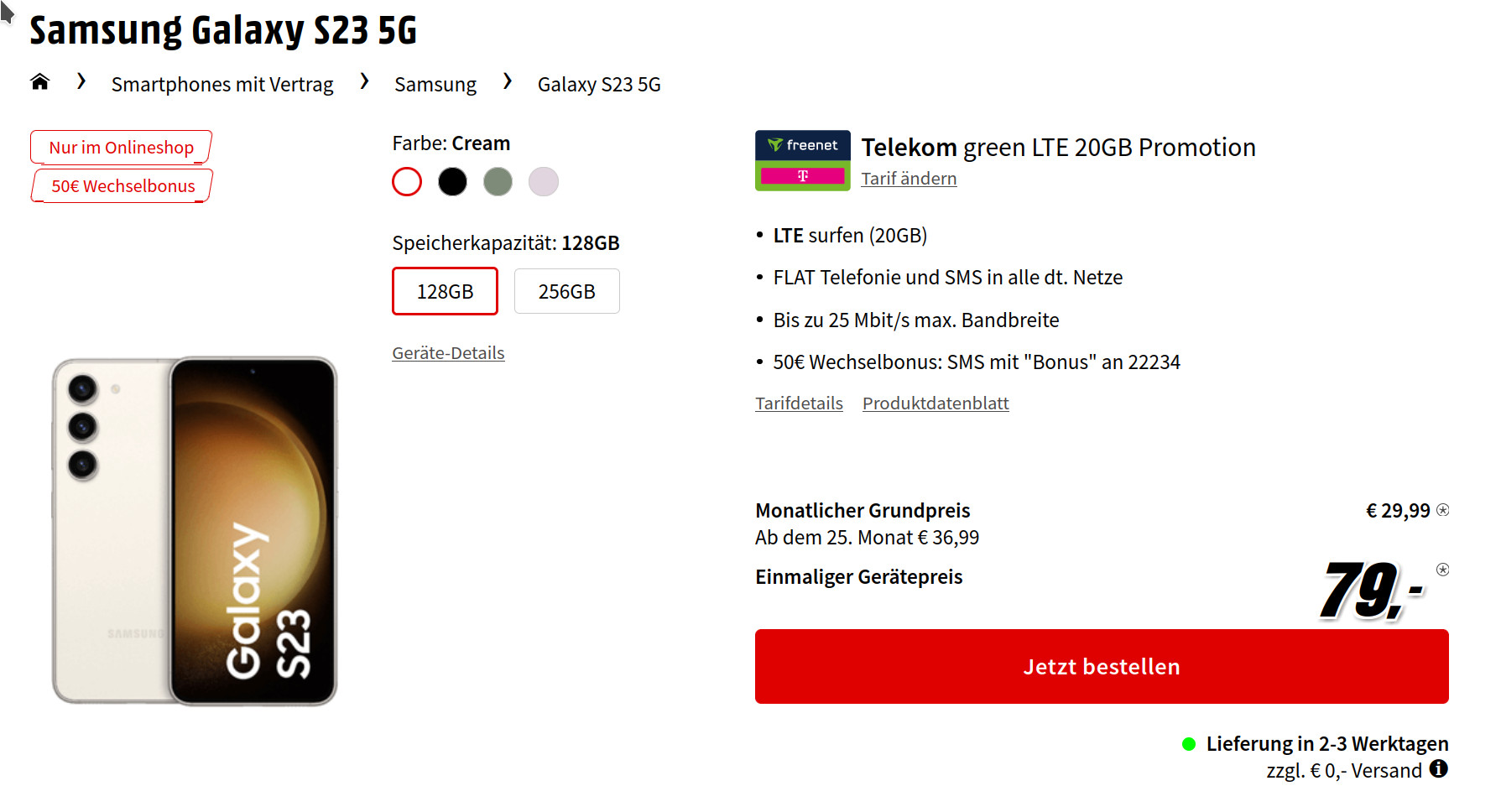 Preistipp Galaxy S23 5G Handytarife: 50 Euro Wechselbonus mit 20 GB Telekom Allnet-Flat für 29,99 Euro/Eff. 3,28 Euro