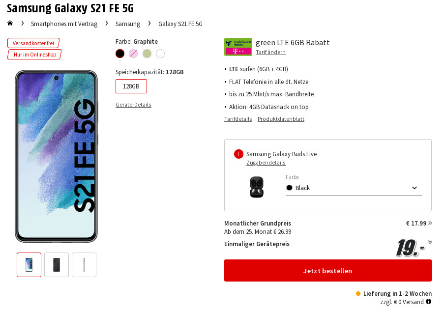 Weiterhin verfügbar: Galaxy S21 FE 5G 128GB mit 10 GB Telekom Allnet-Flat für 17,99 Euro/Eff. -3,09 Euro