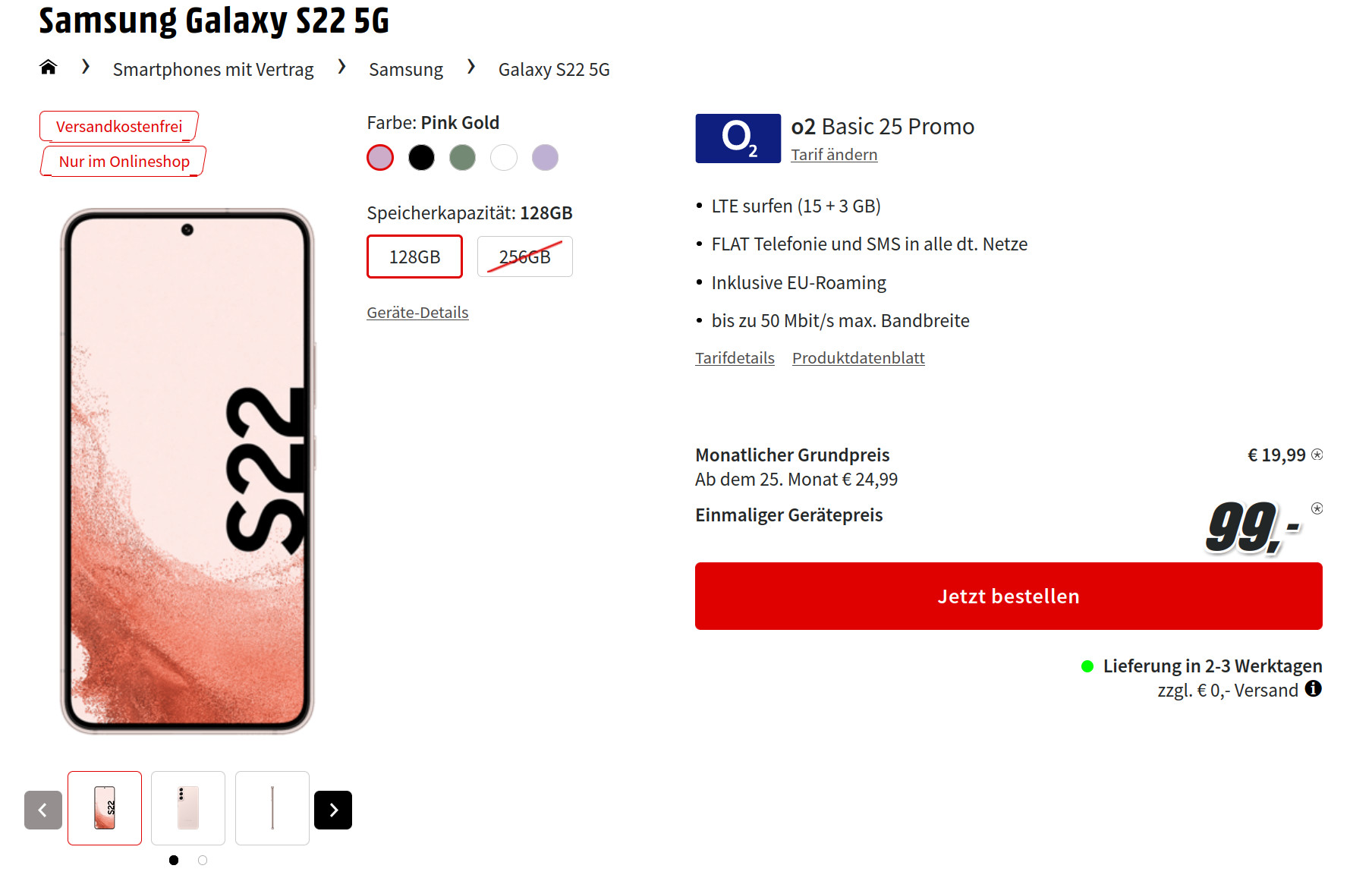 Galaxy S22 5G Tarife: 18 GB O2 Allnet-Flat für mtl. 19,99 Euro/Eff. 1,61 Euro
