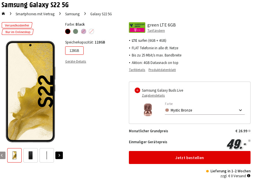 Preistipp Galaxy S22 5G: Gratis Galaxy Buds plus 10 GB Telekom Allnet-Flat für 26,99 Euro/Eff. 0,69 Euro