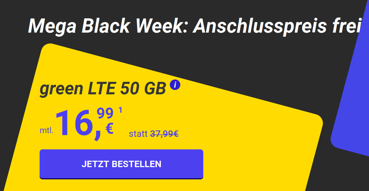 Black Week MegaSIM Tarife ohne Anschlusspreis: 50 GB LTE Flat fr mtl. 16,99 Euro --Unlimited Tarife fr 26,99 Euro