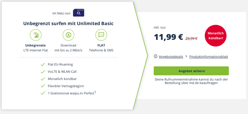 Tariftipp O2 Unlimited Tarife: Unlimited o2 LTE All-In-Flat fr 11,99 Euro bei 2 Mbit und mtl. Laufzeit