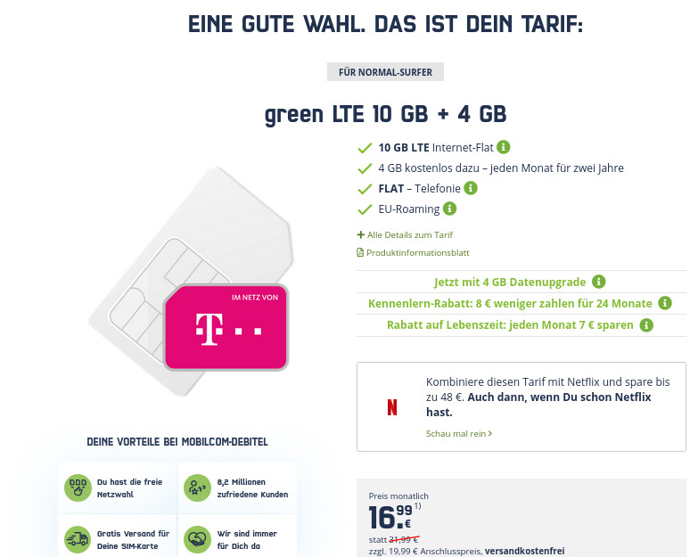 Sparhammer Telekom Netz: 14 GB LTE All-In-Flat für mtl. 16,99 Euro --312 Euro sparen