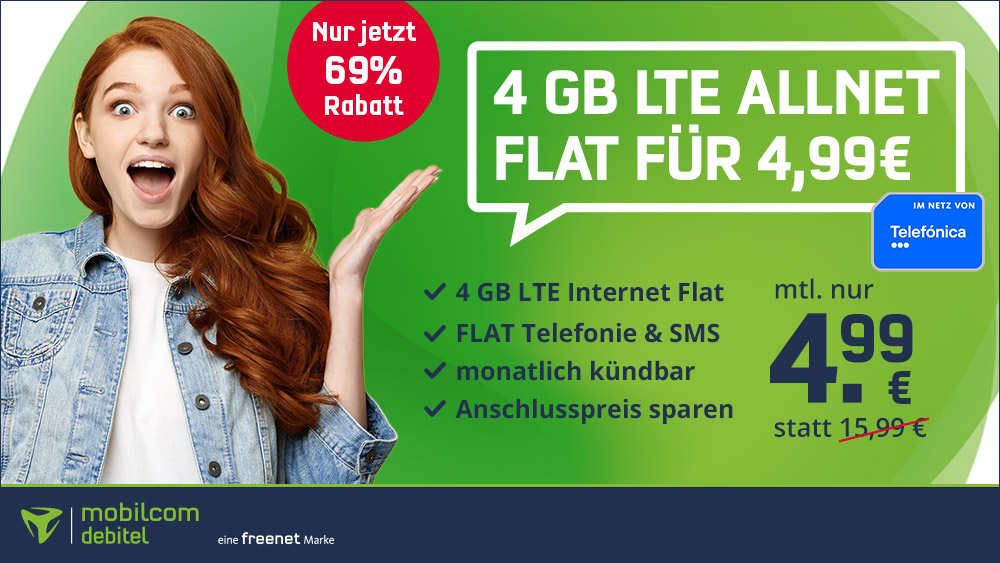 69 Prozent Rabatt: 4 GB LTE Vodafone Allnet-Flat fr mtl. 4,99 Euro und mtl. Laufzeit