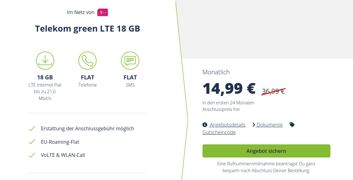 Preishammer Telekom Netz: 18 GB LTE Telekom All-In-Flat fr mtl. 14,99 Euro und 528 Euro sparen
