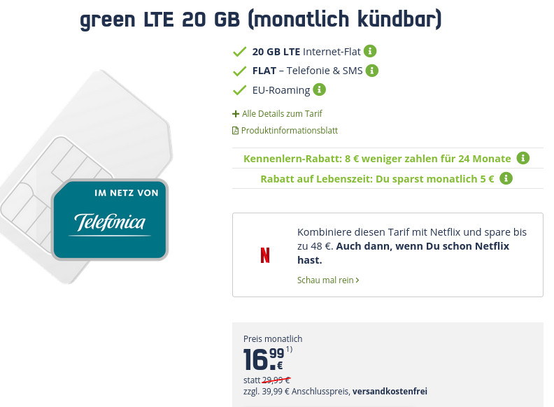 Spartipp 20 GB Tarife: 20 GB LTE O2 All-In-Flat für mtl. 16,99 Euro und mtl. Laufzeit