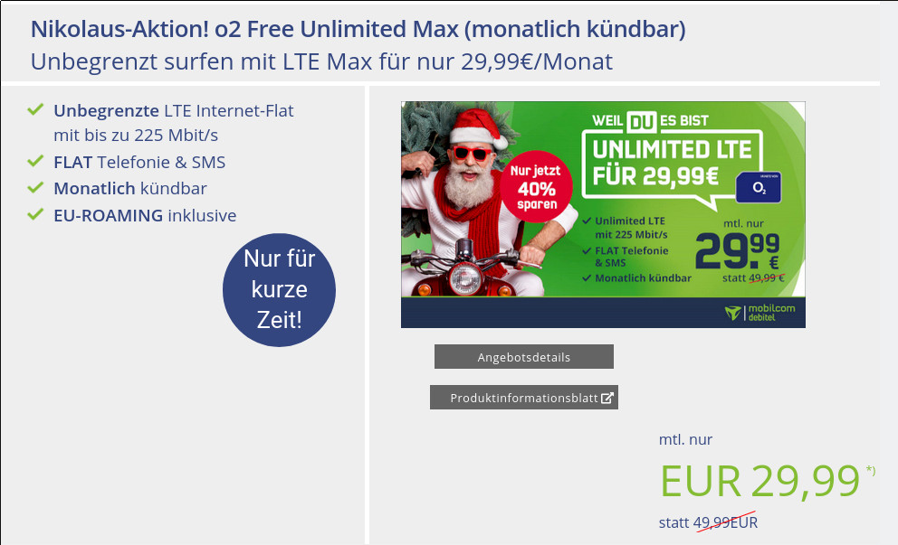 Nikolaus Aktion: Unlimited o2 LTE All-In-Flat mit 225 Mbit Speed fr 29,99 Euro und 480 Euro sparen