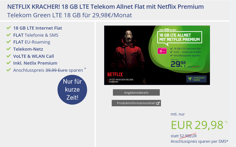 Sparhammer Telekom Netz: Netflix Premium plus 18 GB LTE All-In-Flat fr mtl. 29,98 Euro --552 Euro sparen