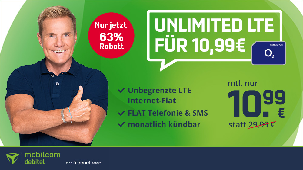 TTariftipp O2 Unlimited Tarife: Unlimited o2 LTE All-In-Flat für 10,99 Euro bei 2 Mbit und mtl. Laufzeit