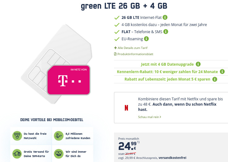 Telekom Netz: 30 GB LTE All-In-Flat fr mtl. 24,99 Euro --360 Euro sparen