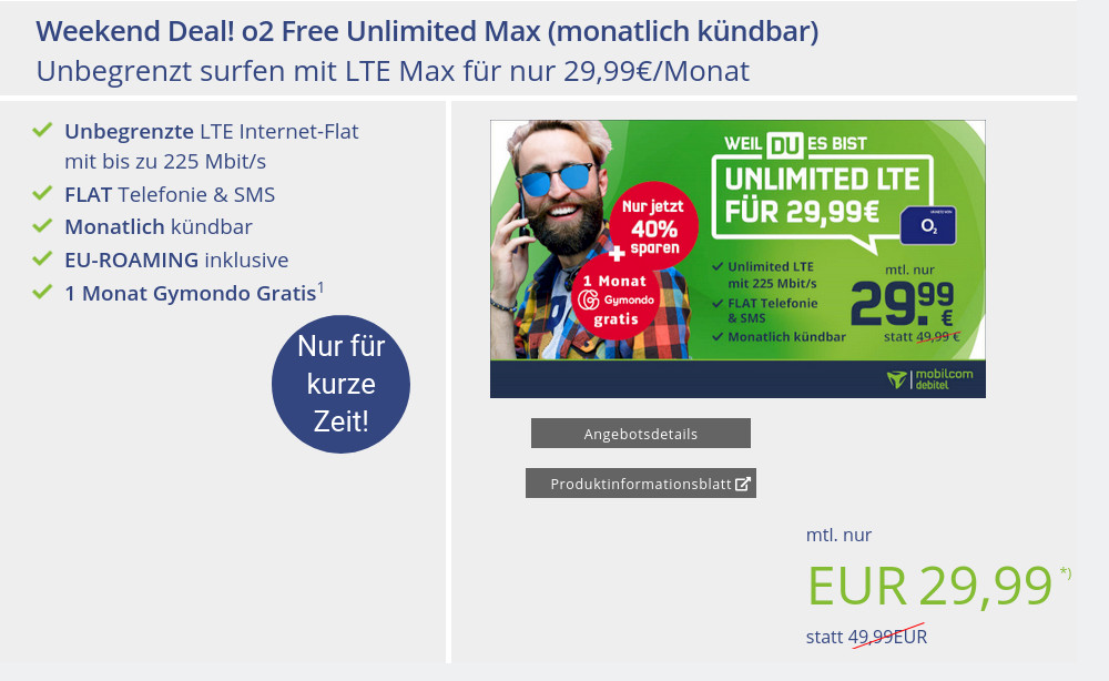 Unlimited Sparhammer Tarife: Unlimited o2 LTE All-In-Flat mit 225 Mbit Speed f�r 29,99 Euro bei mtl. Laufzeit