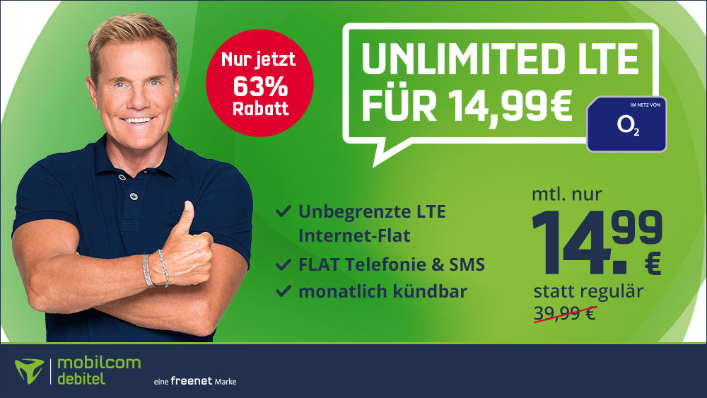 Sommerferien Deal 63 Prozent Rabatt: Echte Unlimited o2 LTE All-In-Flat mit 10 Mbit Speed für 14,99 Euro