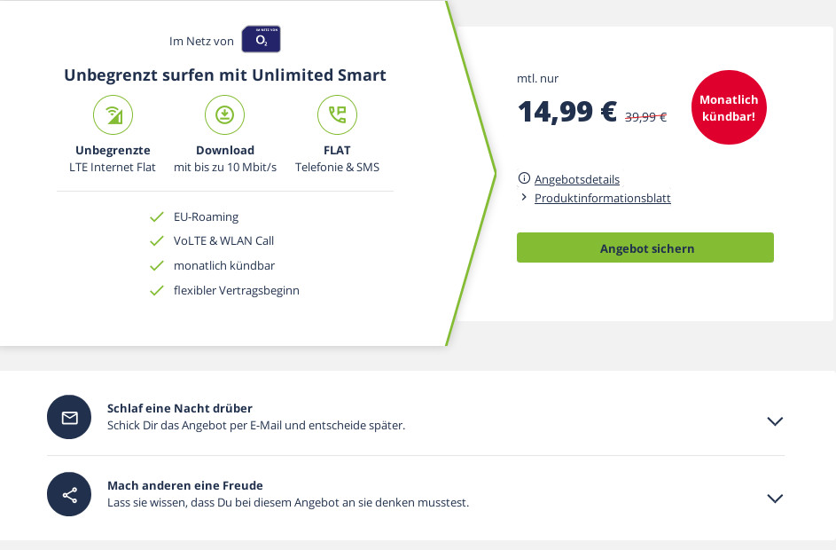 Tariftipp O2 Unlimited Tarife: Unlimited o2 LTE All-In-Flat für 14,99 Euro --520 Euro sparen