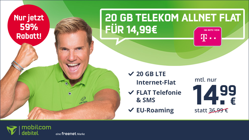 Preiskracher Telekom Netz: 20 GB LTE Allnet-Flat für mtl. 14,99 Euro --528 Euro sparen