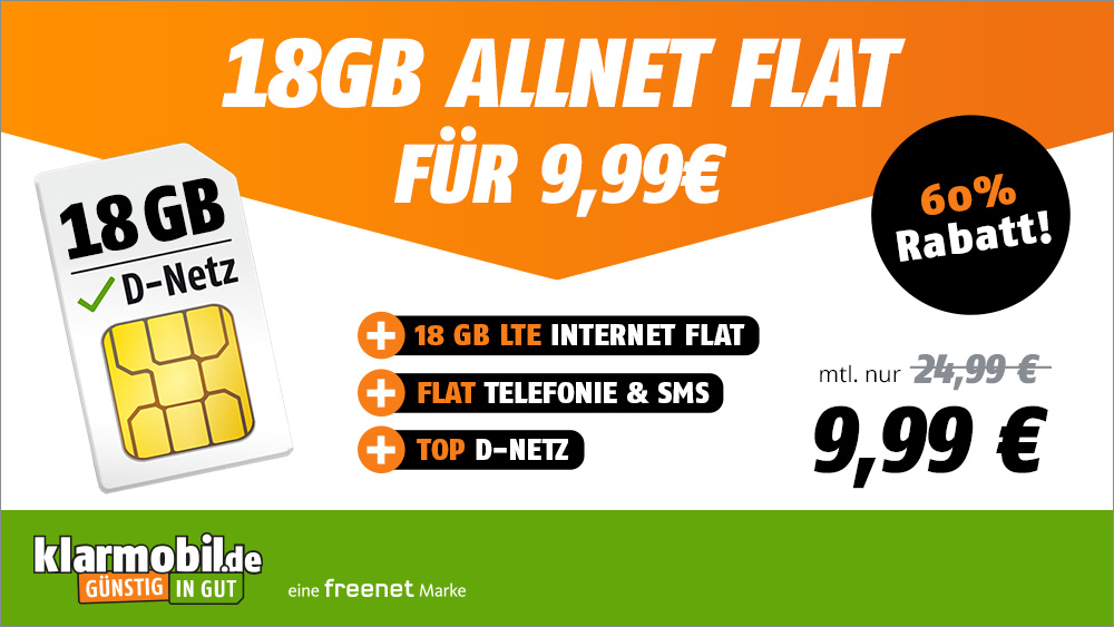 60 Prozent Rabatt: 18 GB All-In-Flat im Vodafone Netz  für mtl. 9,99 Euro