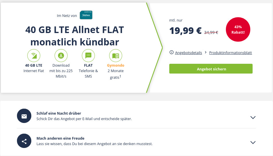 Muttertags-Deal: 40 GB LTE O2 All-In-Flat fr mtl. 19,99 Euro und mtl. Laufzeit