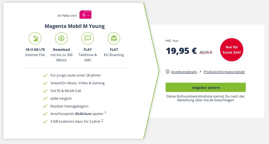 Herbst-Deal Telekom Netz: 21 GB Magenta Mobil M Young fr mtl. 19,95 Euro