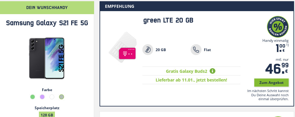 Galaxy S21 FE 128GB Telekom Tarife: Top-Smartphone mit 20 GB Telekom Allnet-Flat für 46,99 Euro plus gratis Galaxy Buds 2