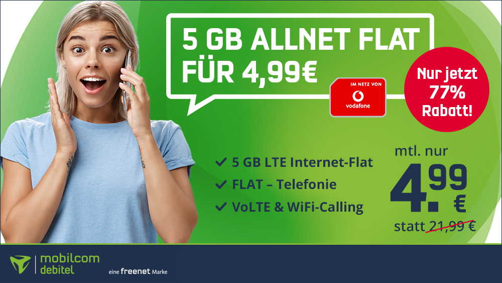 Preistipp 5 GB Vodafone LTE Tarife: 5 GB LTE Vodafone All-In-Flat für mtl. 4,99 Euro und 408 Euro sparen