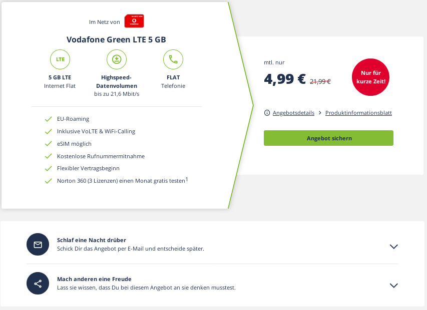 Preistipp 5 GB Vodafone LTE Tarife: 5 GB LTE Vodafone All-In-Flat für mtl. 4,99 Euro und 408 Euro sparen