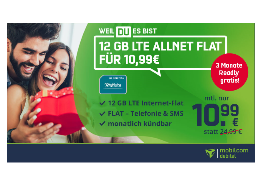 Valentinstag Deal: mobilcoms 12 GB LTE All-In-Flat mtl. 10,99 Euro mit mtl. Laufzeit