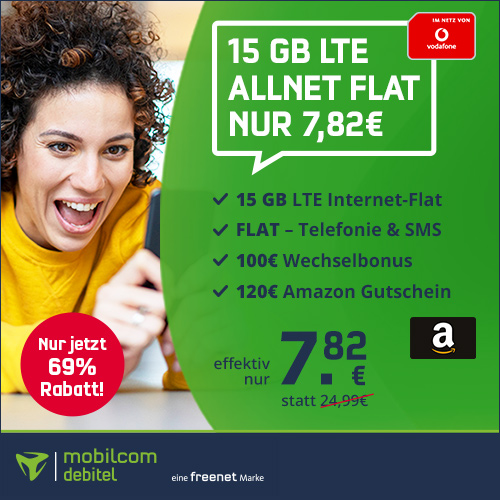 Preishammer Vodafone Netz: 175 Euro Bonus plus 15 GB All-In-Flat im Vodafone Netz für mtl. 15,99 Euro/Eff. 8,70 Euro