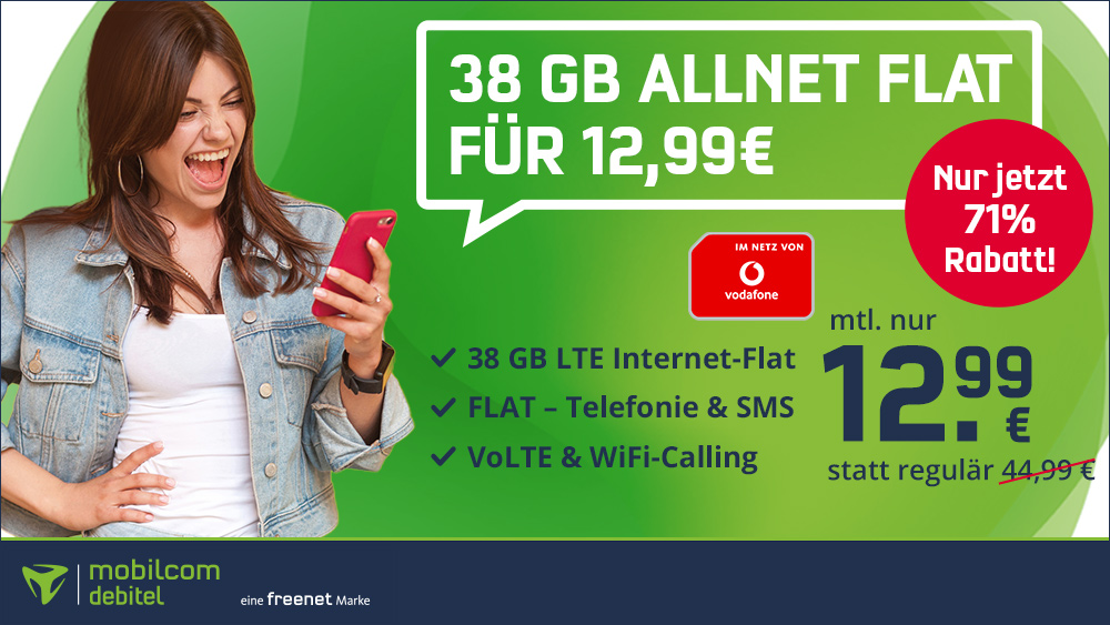 Preiskracher Vodafone Netz: 38 GB All-In-Flat im Vodafone Netz bei 100 Mbit f�r mtl. 12,99 Euro