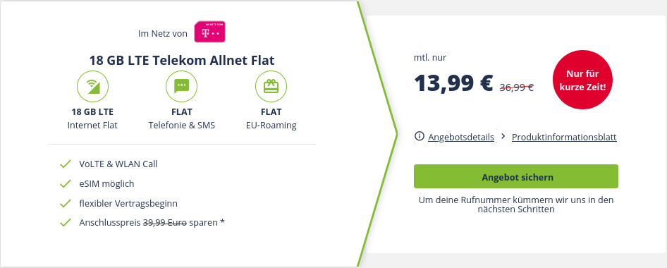 Preishammer Telekom Netz: 18 GB LTE Telekom All-In-Flat für mtl. 14,99 Euro und 528 Euro sparen