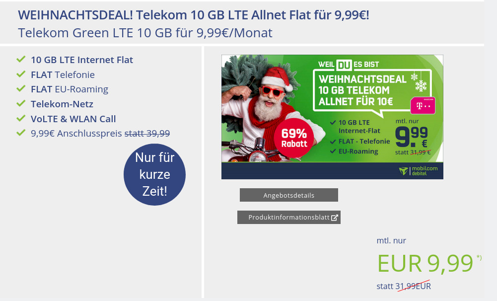 Preiskracher Telekom Netz: 10 GB All-In-Flat im Telekom Netz f�r mtl. 9,99 Euro