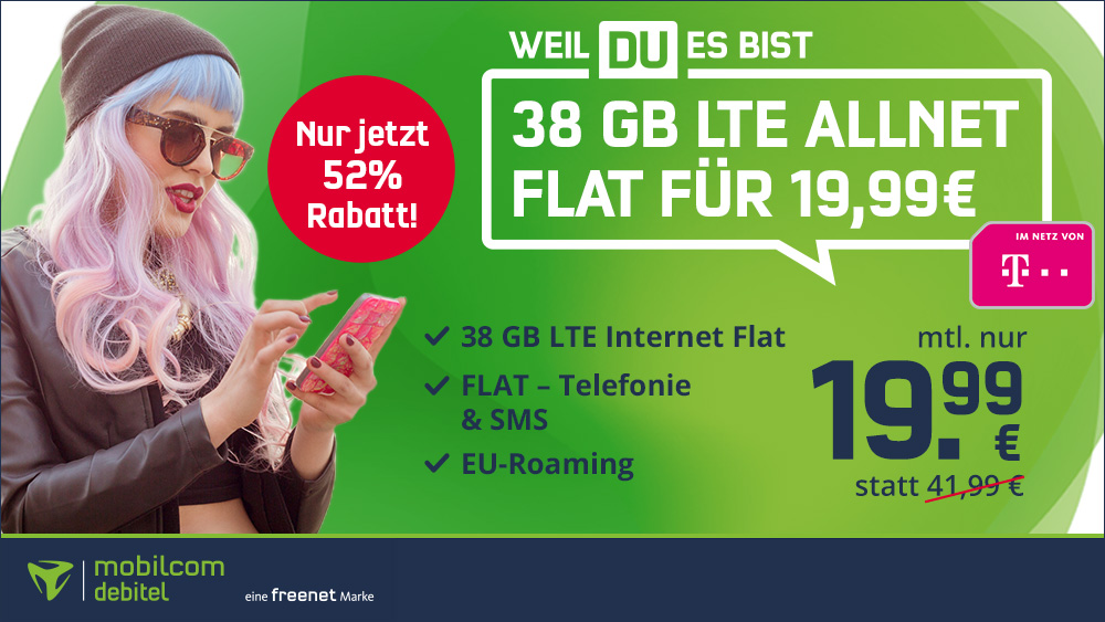 Preistipp Telekom-Netz: 38 GB LTE Telekom All-In-Flat für mtl. 19,99 Euro und mtl. Laufzeit