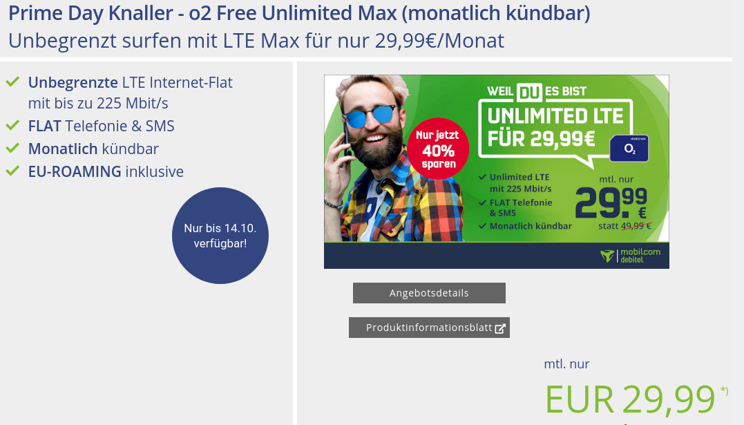 Prime Day: Echte Unlimited LTE Datenflatrate im O2 LTE Netz fr 29,99 Euro