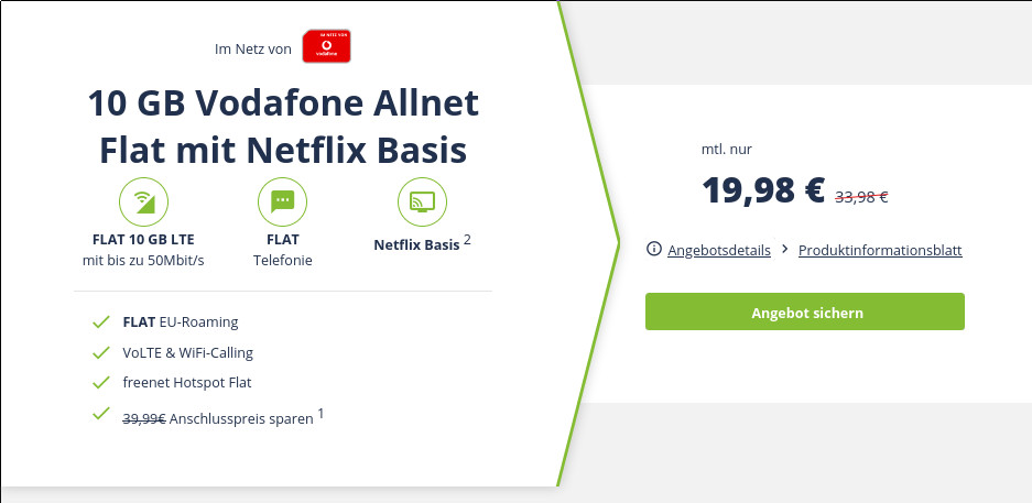 Vodafone Tariftipp: Netflix mit 10 GB Vodafone Allnet-Flat fr mtl. 19,98 Euro und 503 Euro sparen